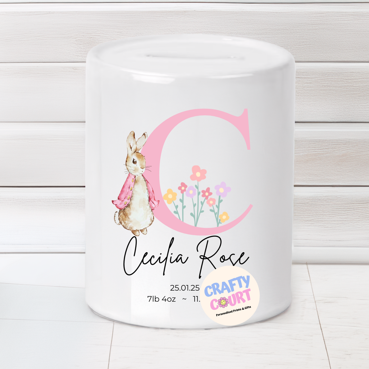 Personalised Ceramic Money Box: Pink Rabbit
