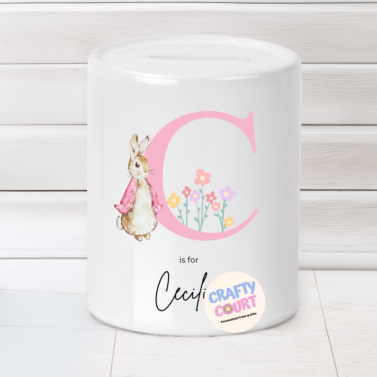 Personalised Ceramic Money Box: Pink Rabbit