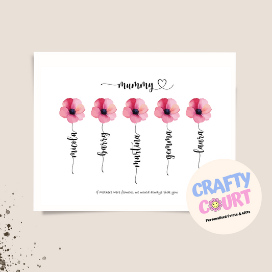 Personalised Mothers Print -  Pink Flowers