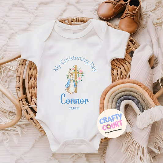 Personalised Christening baby vest: Blue rabbit