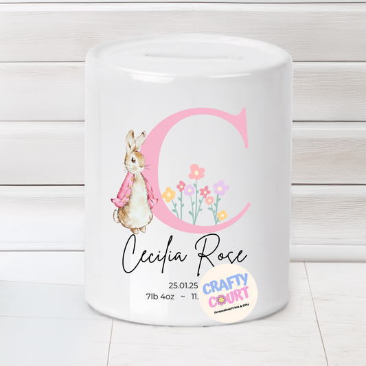 Personalised Ceramic Money Box: Pink Rabbit