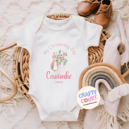 Personalised Christening baby vest: Pink rabbit
