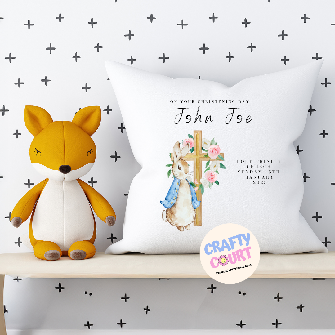 Personalised Christening Cushion: Blue Rabbit Cross