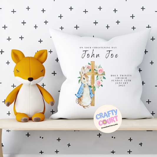 Personalised Christening Cushion: Blue Rabbit Cross