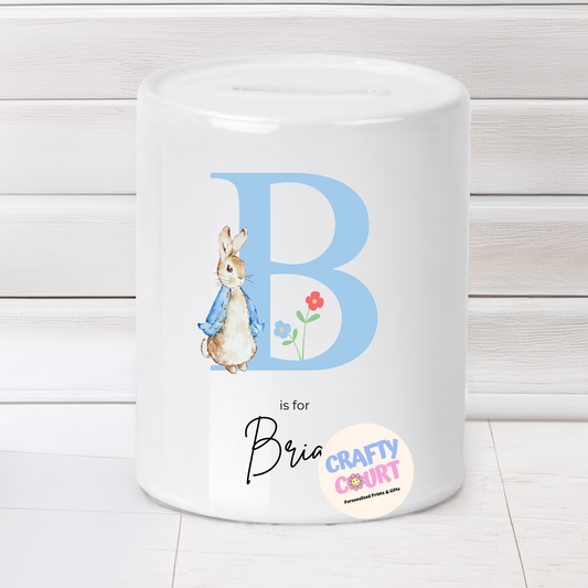 Personalised Ceramic Money Box: Blue Rabbit