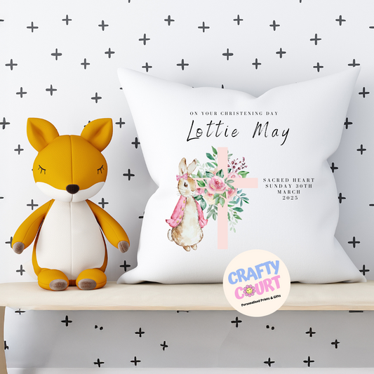 Personalised Christening Cushion: Pink Rabit