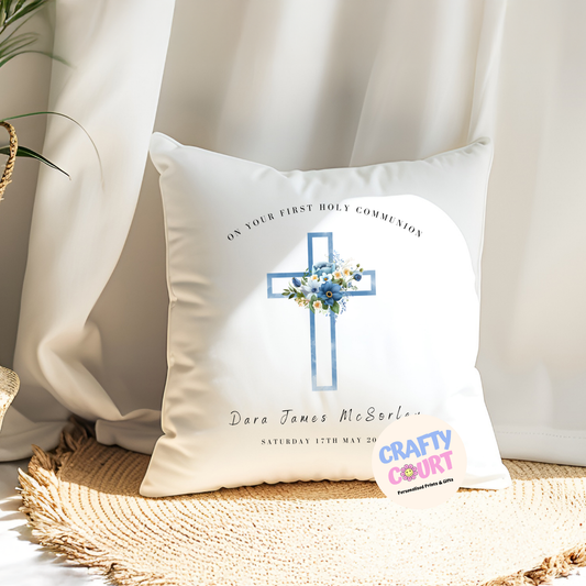 Personalised Holy Communion Cushion: Blue Cross