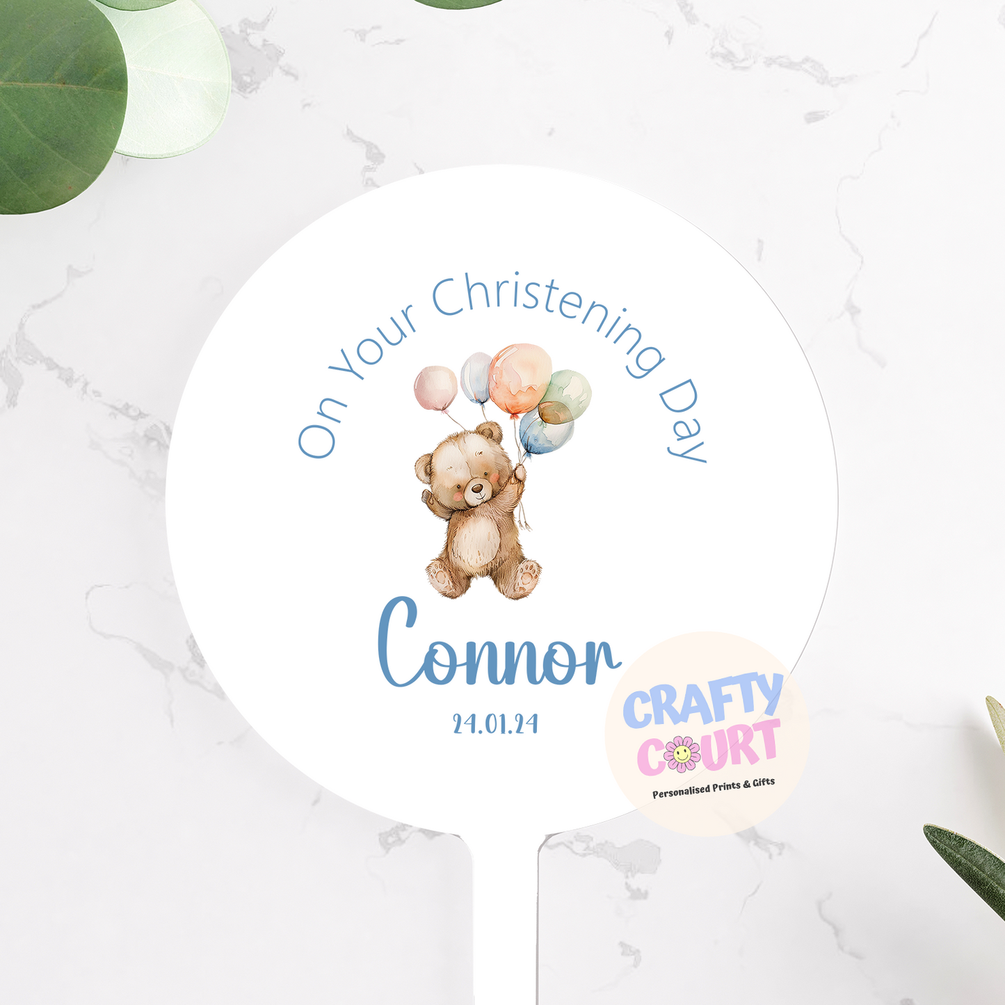 Personalised Cake Toppers: Christening balloon bear