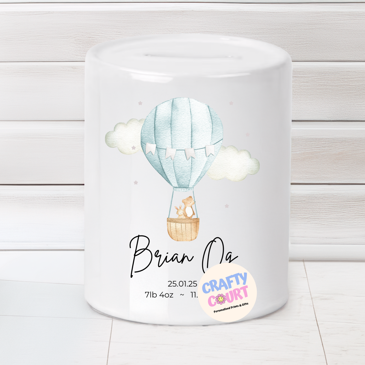 Personalised Ceramic Money Box: Blue Hot Air Balloon