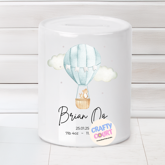 Personalised Ceramic Money Box: Blue Hot Air Balloon