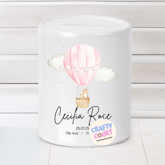Personalised Ceramic Money Box: Pink Hot Air Balloon