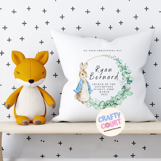 Personalised Christening Cushion: Blue Rabbit Frame