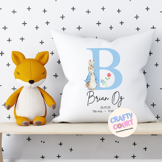 Personalised New Baby Cushion: Blue Rabbit