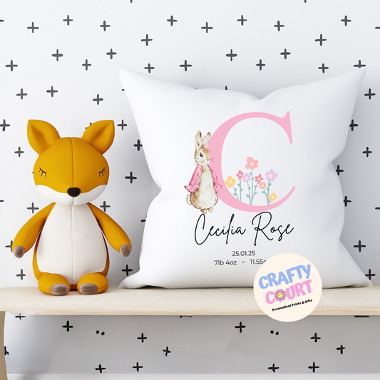 Personalised New Baby Cushion: Pink Rabbit