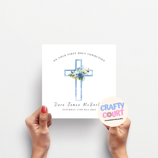 Personalised Holy Communion Card: Blue Cross
