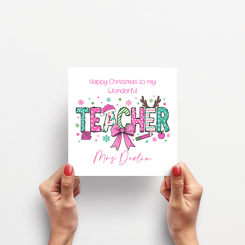 Personalised Christmas Teacher Pink Card