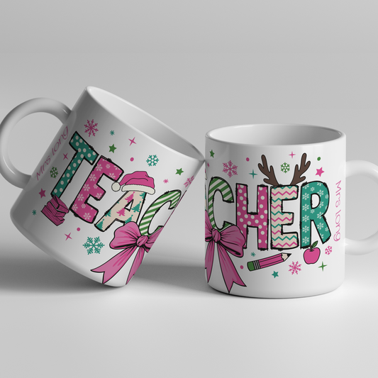 Personalised Teacher Christmas Mug Pink